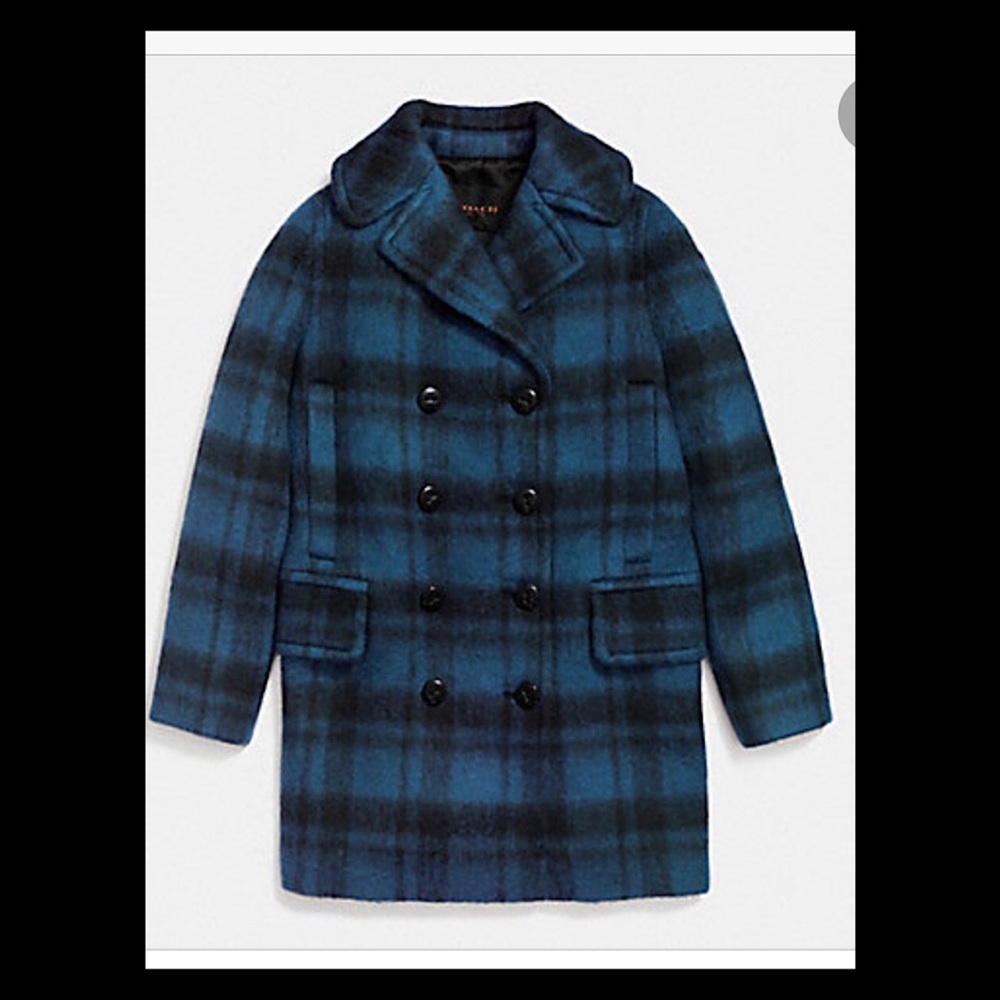 Coach Long Peacoat, Blue Plaid sz S NWT
